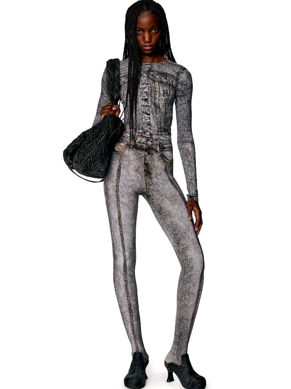 DIESEL Gray Stretch Nylon Tights With Denim Print